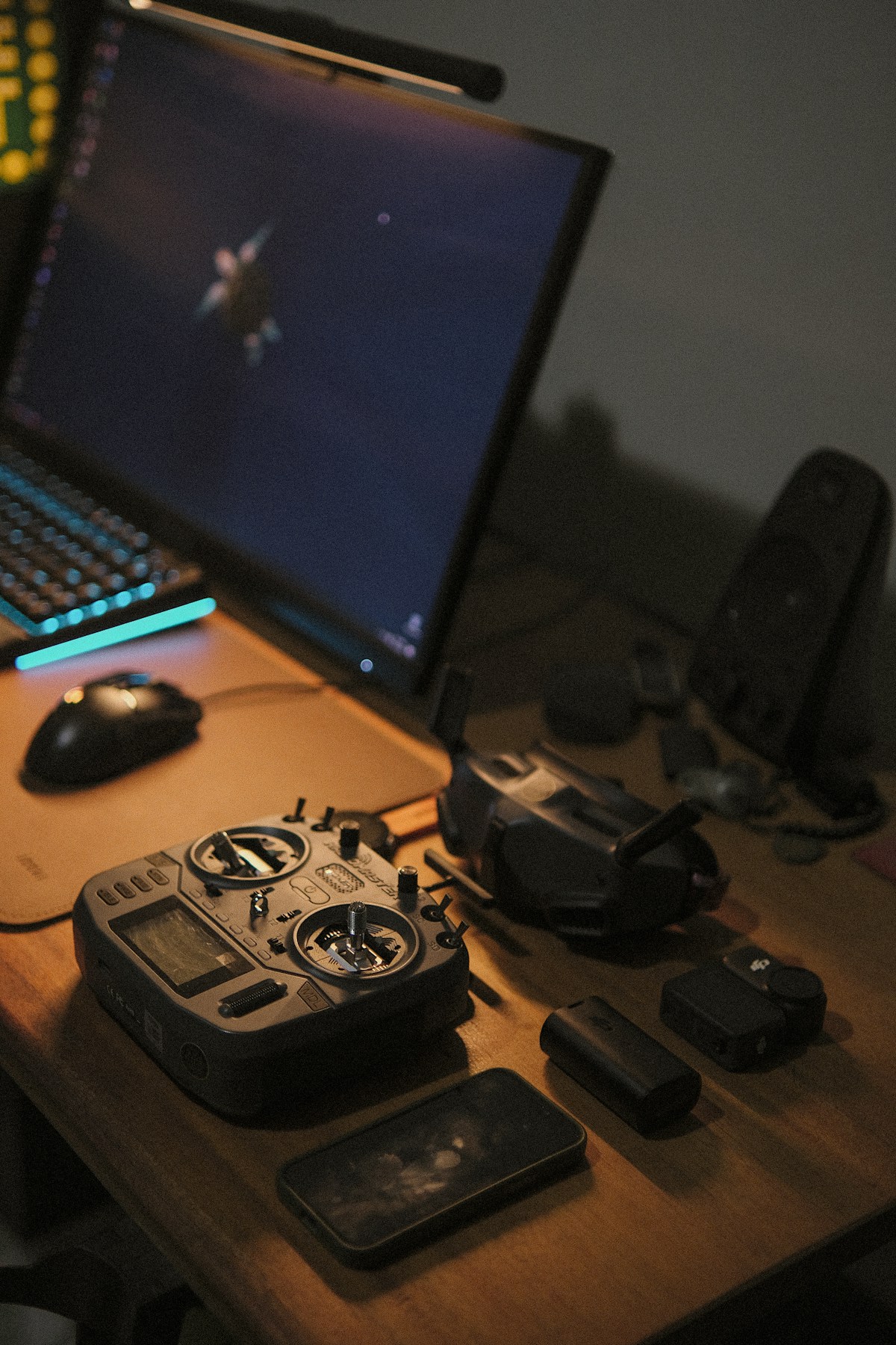 Remote control, drone, and laptop on a wooden desk in the Philippines